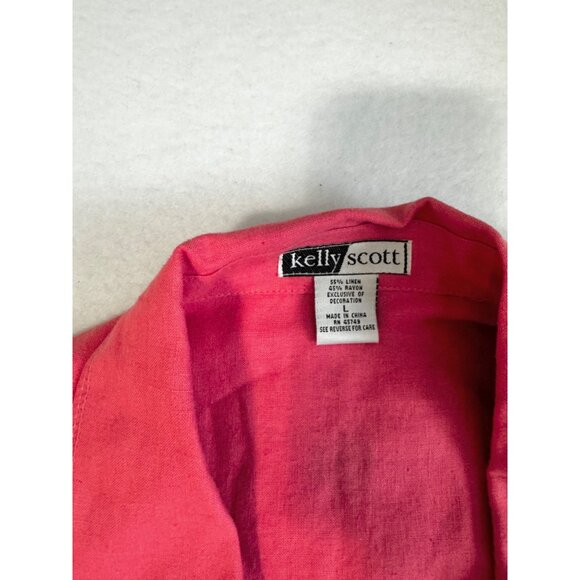 Kelly Scott L Linen Blend Pink Button Front Shirt Embroidered Sunflowers Jacket - Picture 3 of 7